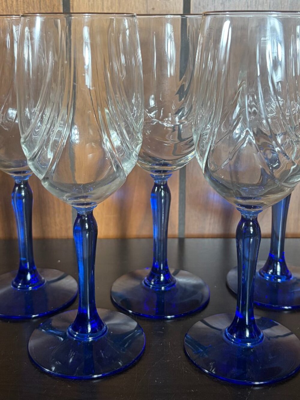 Vtg Lenox Wine Glasses Cobalt Blue Stemmed 8" Art Deco Gold Rim (Set 5) - EUC